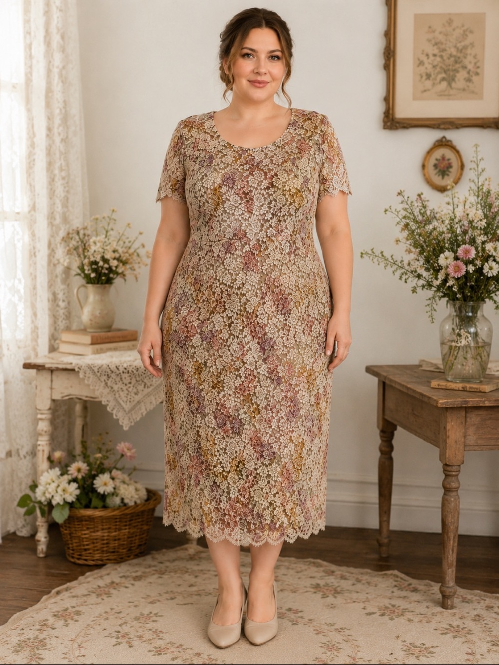 Floral Lace Midi Dress in Dusty Rose and Beige